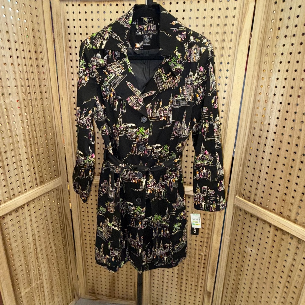 Silkland Women's Black‎ Novelty Print Button Up Belted Blazer Dress